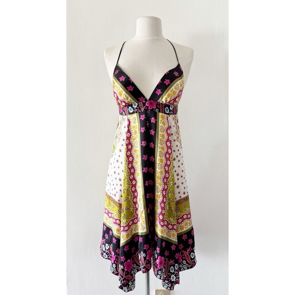 100% Silk Single Dress Colorful Mixed Print Vibrant Handkerchief Dress Small (S)